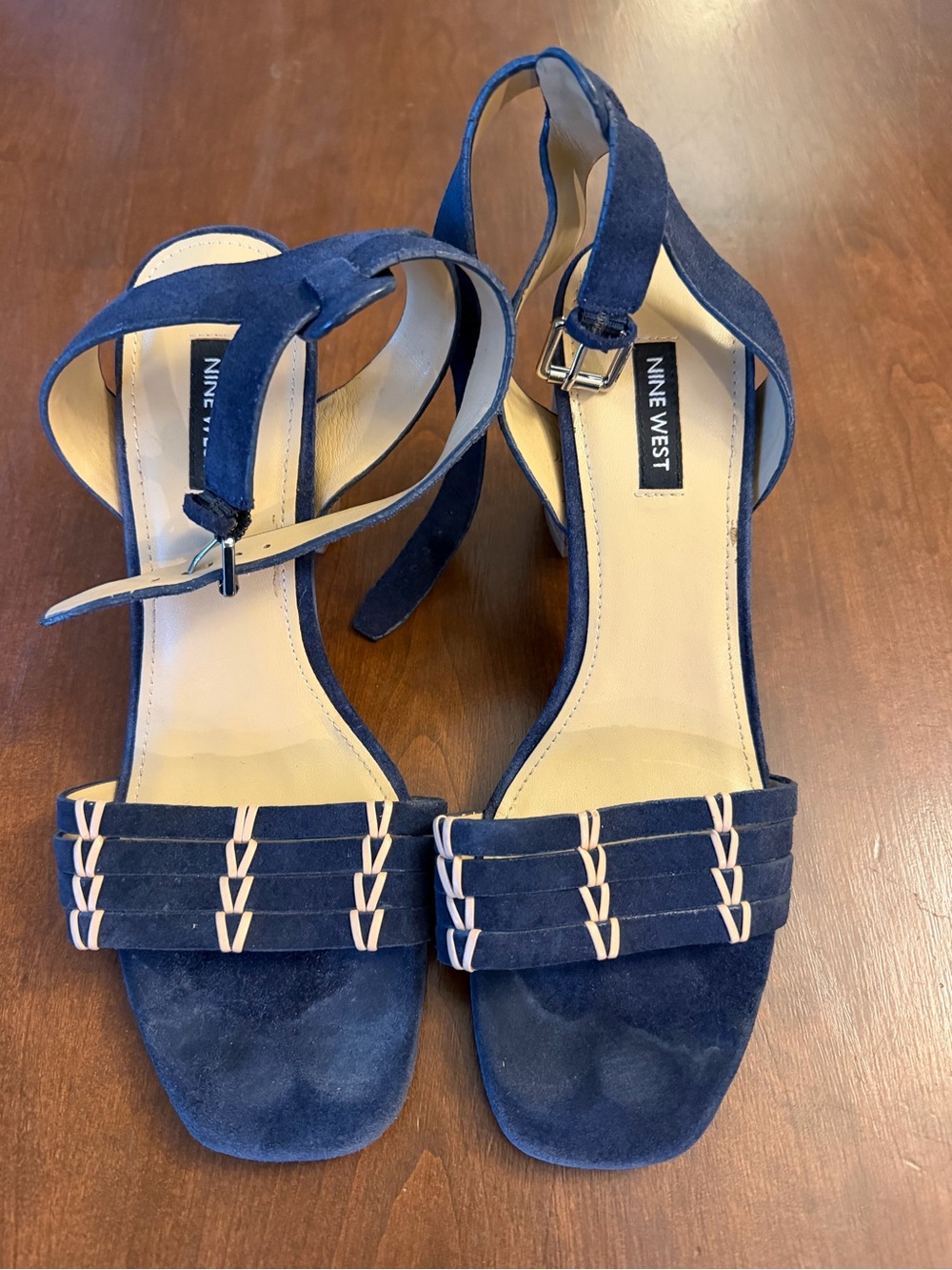 Nine West Navy Suede Open-Toe Strappy Block Heel Sandals